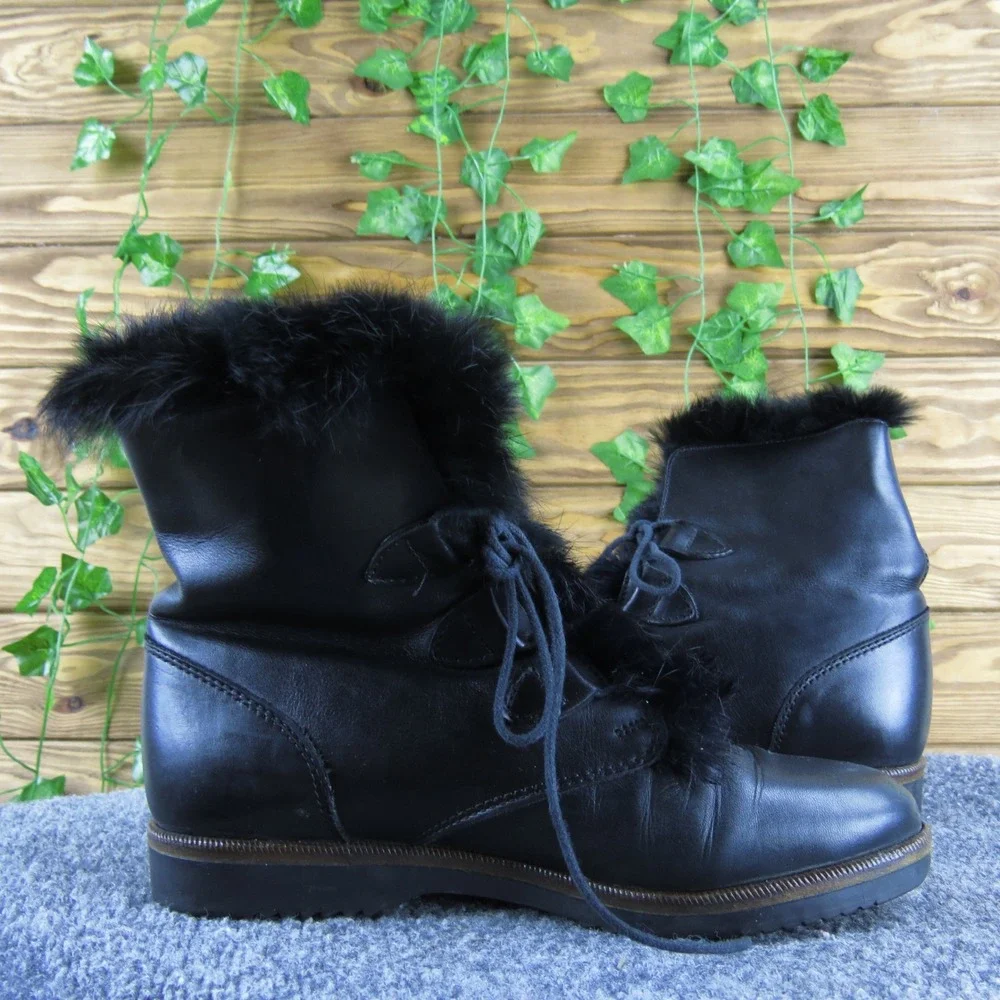 Kamouraska Canada Black Leather Fur Trim Lace Up‎ Winter Boots 7